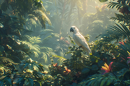 白鹦鹉在郁郁葱葱的热带雨林中图片
