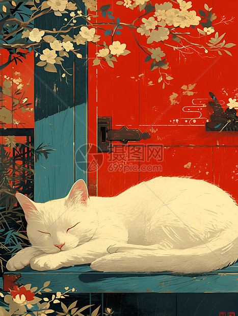 沉睡于红门前的白猫图片