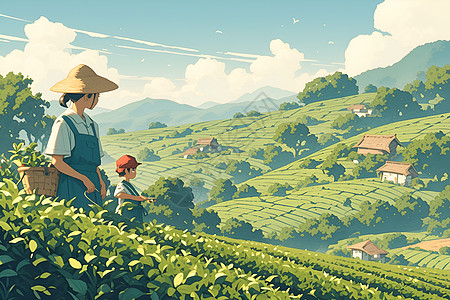 新鲜茶叶采茶人的田园幸福插画