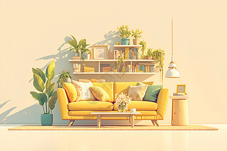 温馨客厅里的黄色沙发图片