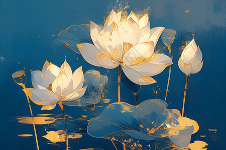 池塘背景池塘里绽放的白莲花插画