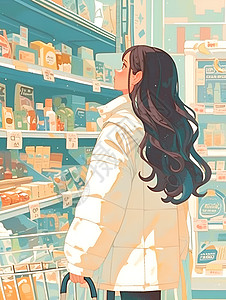羽绒服女孩在超市购物图片