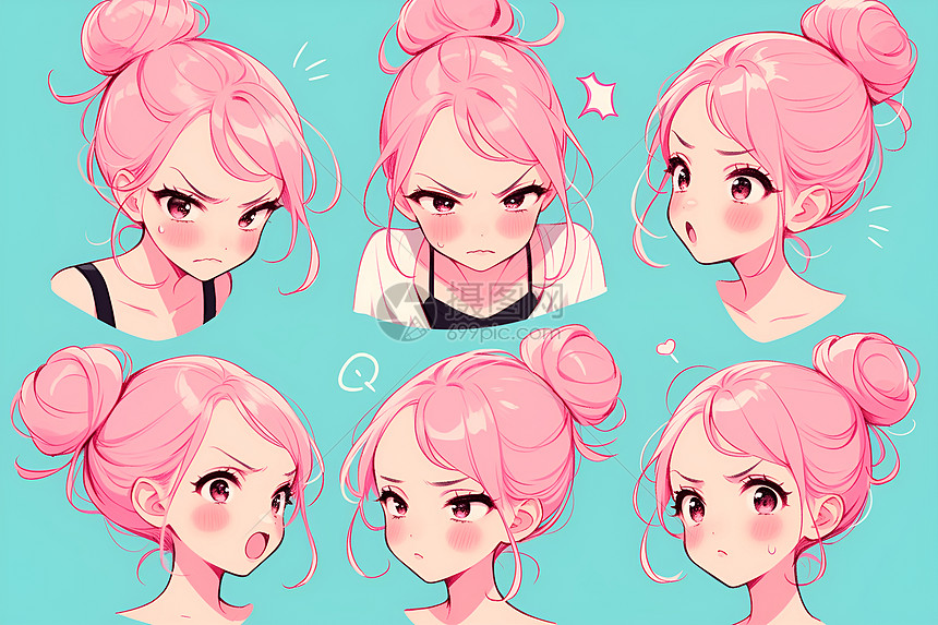 粉色发色女孩的多种表情图片
