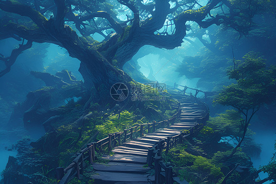 仙境迷雾中的神秘森林路径图片