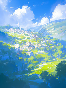 宁静山谷的村庄背景图片