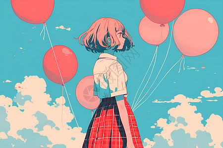 红裙少女放飞彩色气球图片