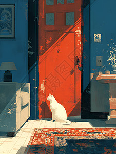 红色的门和猫咪图片