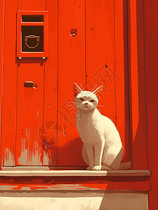 白猫坐在红门前图片