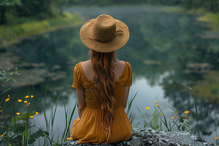 浅绿色裙子女人坐在河边背景