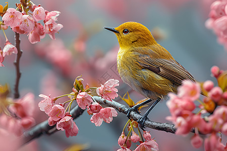 樱花树枝上的白眉鸟图片