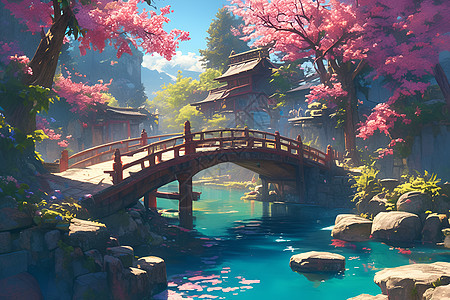桥上神秘绚丽的樱花图片