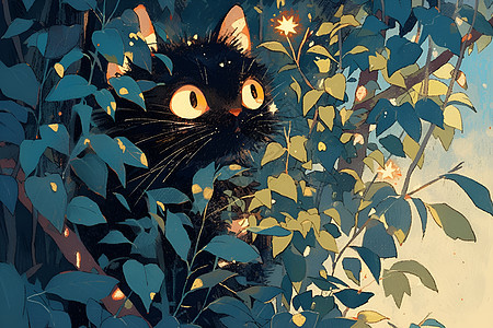 花丛中的黑猫图片