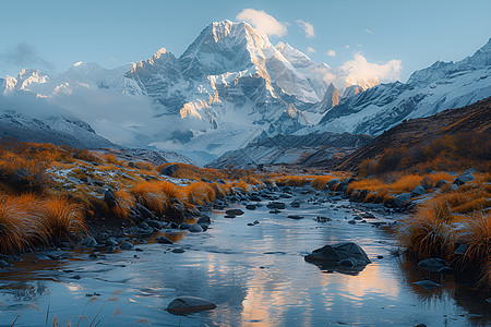 雪山山峰雪山下的河流背景