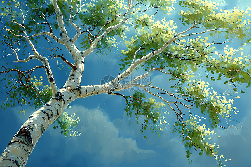 蓝天白云下的白桦树图片