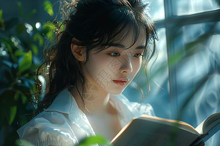 植物旁读书的女孩图片