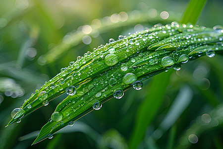 水滴点缀的绿色稻叶图片