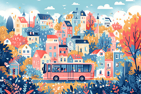 粉色巴士穿行在充满色彩的城市中图片