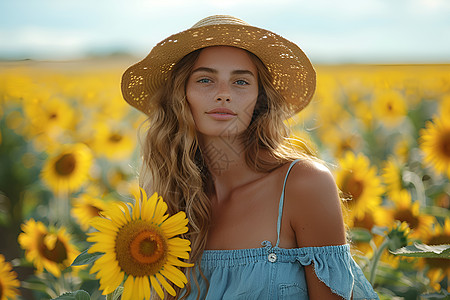 夏日花海女人戴着太阳帽图片