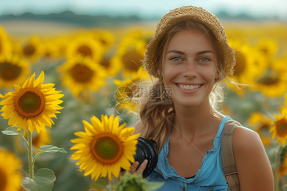 花海里戴着草帽的女人图片