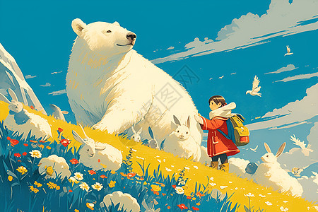 草地上的孩子和北极熊图片