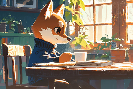一只狐狸在咖啡馆喝咖啡图片