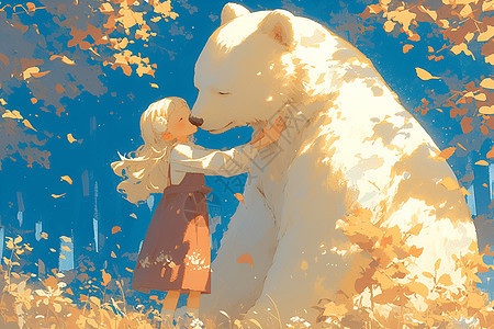 小女孩亲吻白熊图片