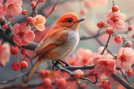 樱花插画樱花树上盘旋的小鸟背景