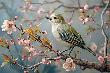 春天插画粉红花枝上的小鸟背景