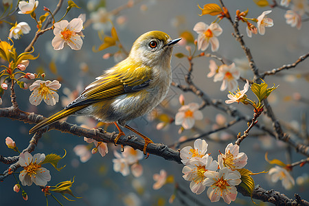 春天插画栖息在树上的鸟儿背景