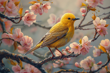 樱花树上的黄色小鸟图片