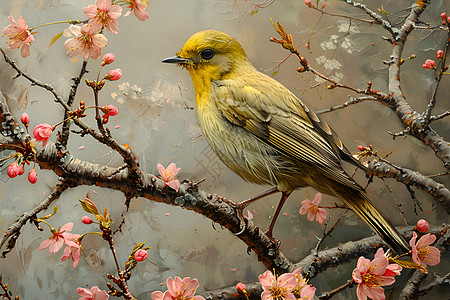 樱花树上一只优雅小鸟插画图片