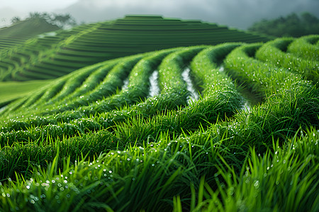 云南植物水稻叶上晶莹露珠和田野美景背景