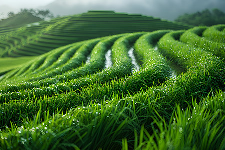 水稻叶上晶莹露珠和田野美景图片