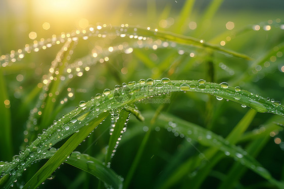 清晨水稻叶上的清新露珠图片