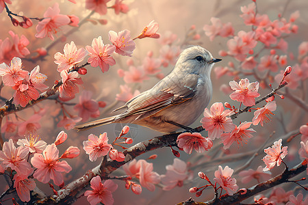 小鸟栖息樱花树上图片