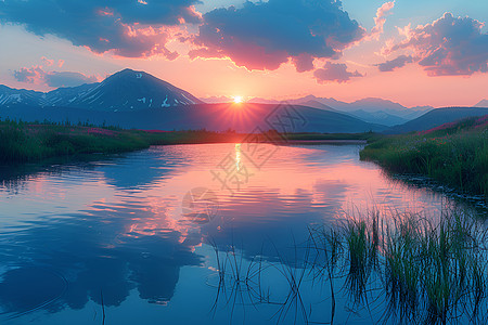 夕阳湖光宁静之美图片