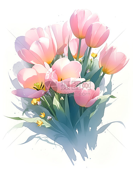 粉色郁金香绘制在干净的白色背景上图片
