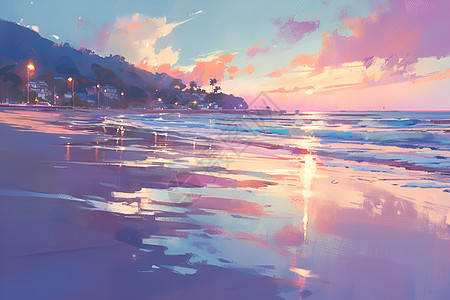 夕阳染红的海滩图片