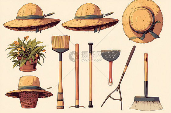 草帽和农具图片