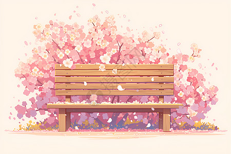 粉色花瓣下的木制长椅图片