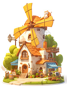 魔幻世界中的黄色风车屋插画