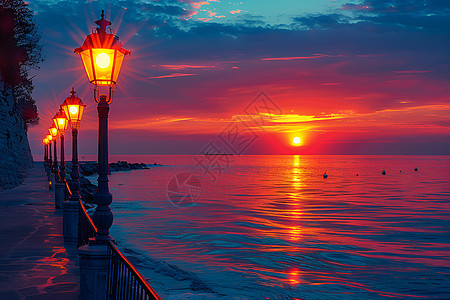 夕阳余晖映照下的海滨美景图片