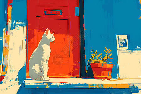 红石峡红门前的猫咪插画