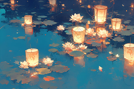湖畔的莲花灯图片
