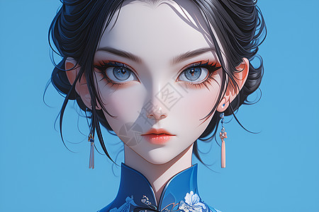 中国女孩穿着蓝色花朵汉服图片