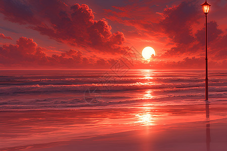 海边红霞夕阳美景图片