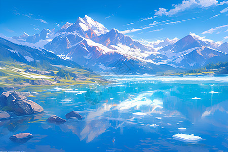冰雪山峰倒映湖泊图片