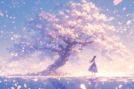 粉色樱花树下的女孩背景图片