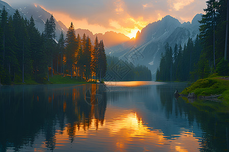 日落时的山脉和湖泊图片