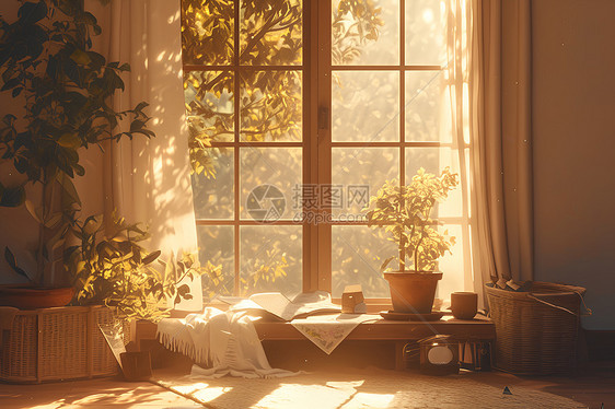 温馨窗台上的植物图片
